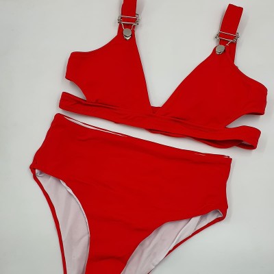 Angelsin γυναικείο σετ μαγιό μπικίνι ψηλόμεσο με κλιπ σαλοπέτας κόκκινο 1 σετ Angelsin γυναικείο σετ μαγιό μπικίνι ψηλόμεσο με κλιπ σαλοπέτας κόκκινο 1 σετ