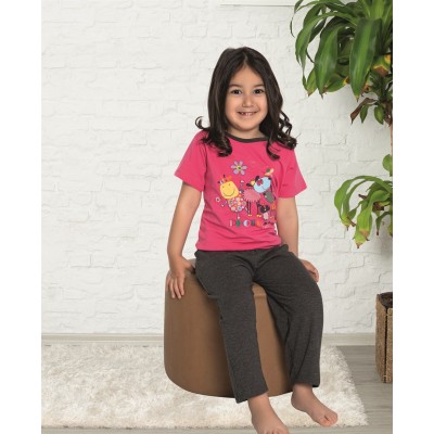Σετ παιδικής πιτζάμας μακρύ capri με κοντομάνικο για κορίτσι φούξια με σχέδιο happy pets 1 σετ