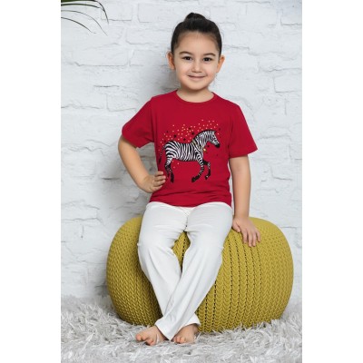 Σετ παιδικής πιτζάμας με μακρύ παντελόνι και κοντομάνικο για κορίτσι κόκκινο με σχέδιο horse 1 σετ