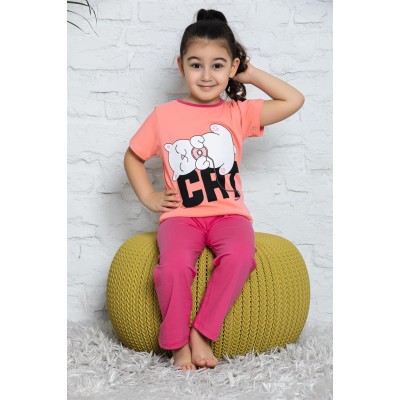 Σετ παιδικής πιτζάμας με μακρύ παντελόνι και κοντομάνικο για κορίτσι με σχέδιο cat Ροζ χρώμα 1 σετ 620