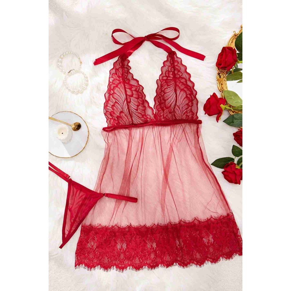 Merry See Sexy γυναικείο νυχτικό με δαντέλα, διαφάνεια και κιλοτάκι κόκκινο Merry See Sexy γυναικείο νυχτικό με δαντέλα, διαφάνεια και κιλοτάκι κόκκινο