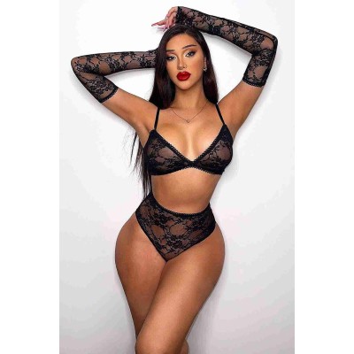 Merry See Σέξυ Σετ Εσώρουχα Δαντελωτά με γάντια Μαύρο