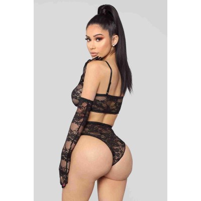 Merry See Σέξυ Σετ Εσώρουχα Δαντελωτά με γάντια Μαύρο