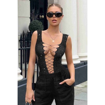 Merry See Sexy διχτυωτό κορμάκι με στρας και βαθύ ντεκολτέ Μαύρο
