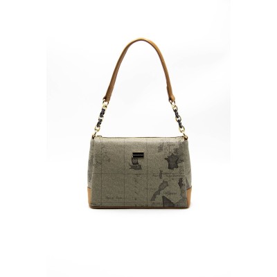 Silver Polo Χακί Γυναικεία τσάντα ώμου με τρεις θήκες και με μοτίβο χάρτης Silver Polo Χακί Γυναικεία τσάντα ώμου με τρεις θήκες και με μοτίβο χάρτης