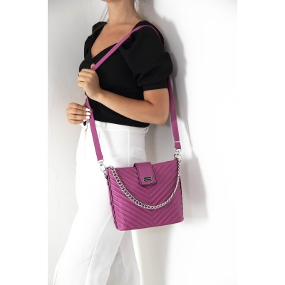 Silver Polo Φούξια Γυναικεία τσάντα χιαστί με μοτίβο V