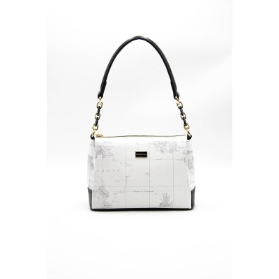Silver Polo Λευκή Ανθρακί Γυναικεία τσάντα ώμου με μοτίβο χάρτης Silver Polo Λευκή Ανθρακί Γυναικεία τσάντα ώμου με μοτίβο χάρτης