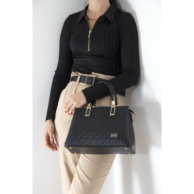 Silver Polo Μαύρη ανάγλυφη Γυναικεία Τσάντα χειρός με τρεις θήκες