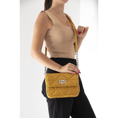 Silver Polo Μουσταρδί Γυναικεία Τσάντα χιαστί μονής θήκης με τριγωνικό μοτίβο Silver Polo Μουσταρδί Γυναικεία Τσάντα χιαστί μονής θήκης με τριγωνικό μοτίβο