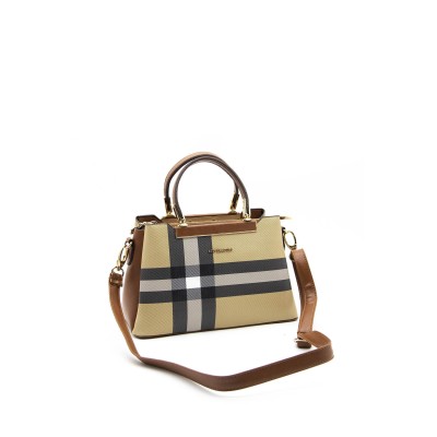 Silver Polo Μπεζ Γυναικεία Τσάντα χειρός mini με μοτίβο καρό