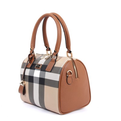 Silver Polo Μπεζ Ταμπά Γυναικεία Τσάντα χειρός μονής θήκης με μοτίβο καρό